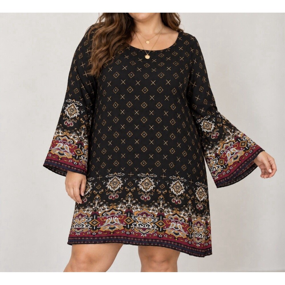 2XL Boho Indie Paisley Border Print Tunic Dress Bell Sleeves Black Layer Light